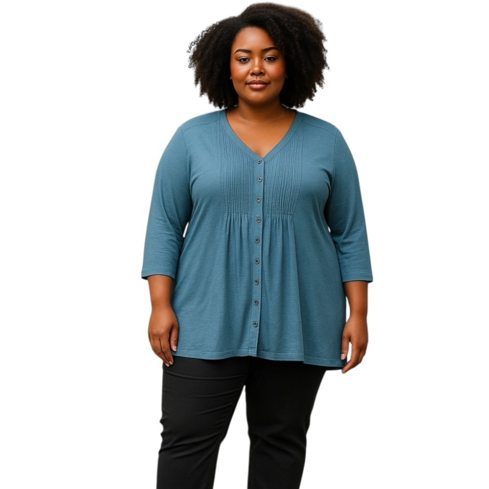 J. Jill Slate Blue Linen Modal Pintuck Button Front Casual Blouse Top Medium - Picture 1 of 9